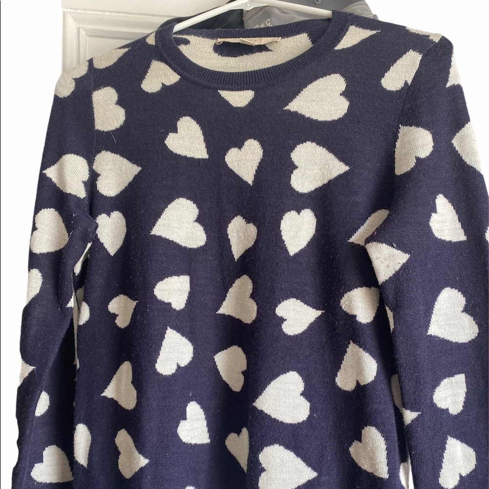 LOFT Navy Sweater with Cream Heart Pattern